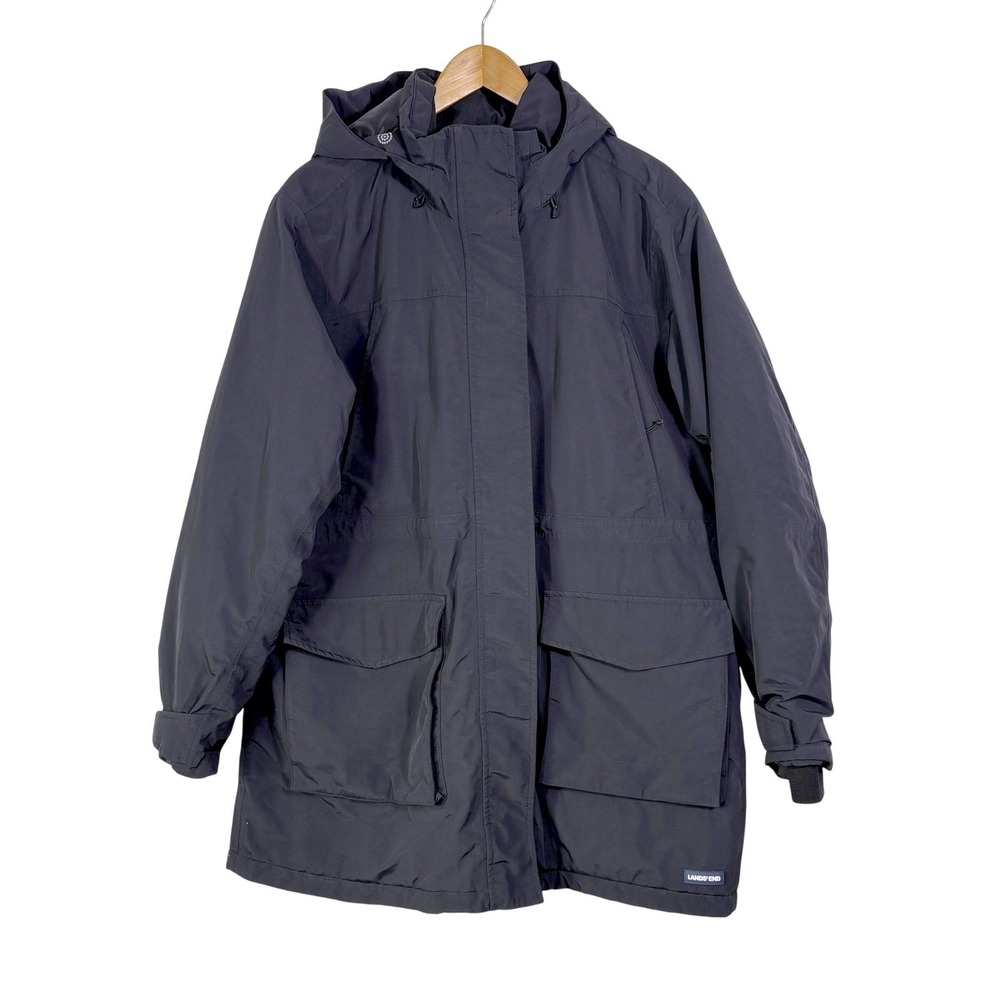 Lands End Squall Parka Winter Coat Women's XL Black Hood Waterproof Fleece Lined